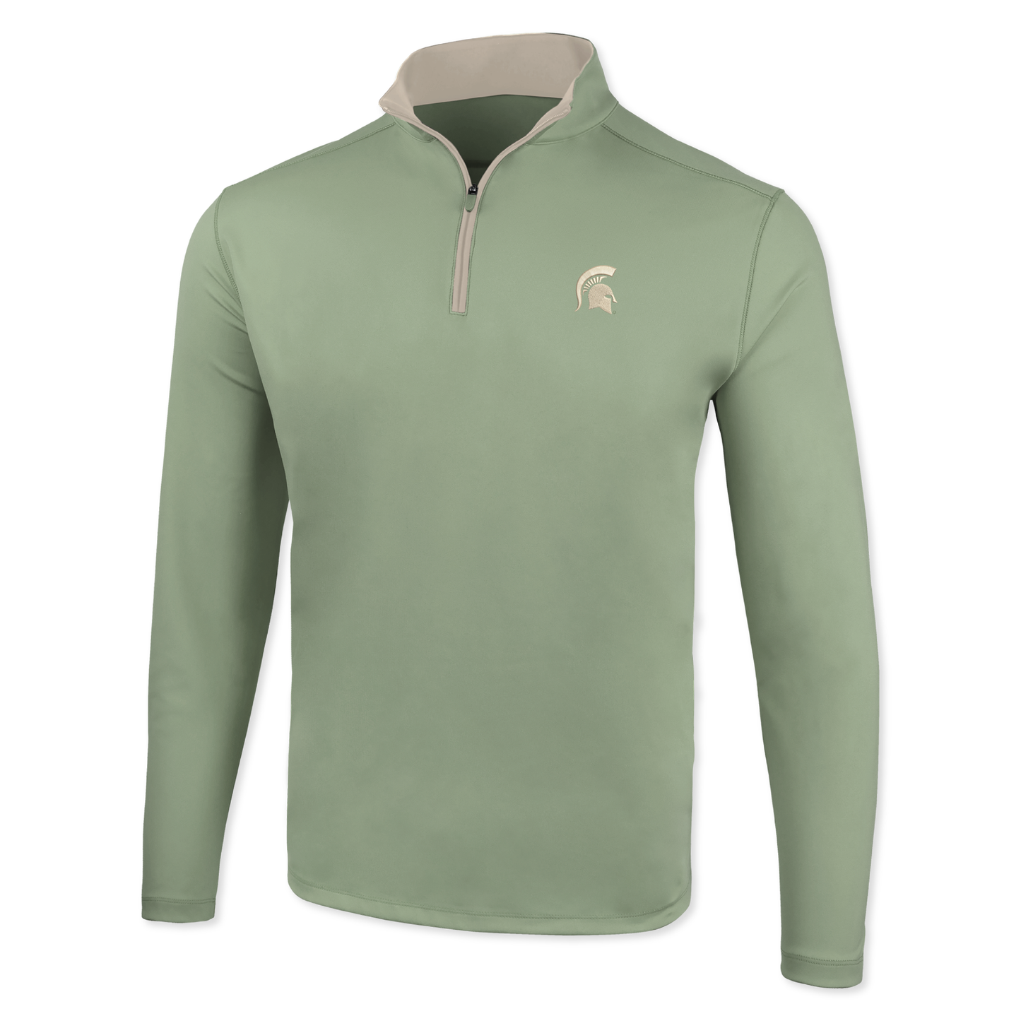 Light green quarter-zip with a beige inside panel on the collar, zipper, and Spartan Helmet logo on the upper left chest. 