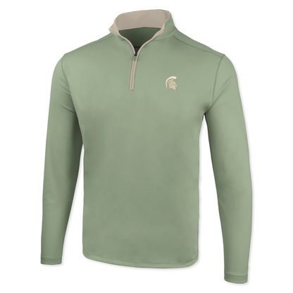 Light green quarter-zip with a beige inside panel on the collar, zipper, and Spartan Helmet logo on the upper left chest. 