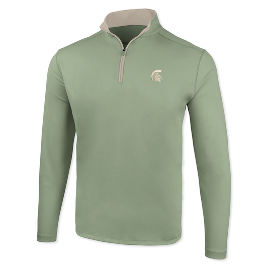 Light green quarter-zip with a beige inside panel on the collar, zipper, and Spartan Helmet logo on the upper left chest. 