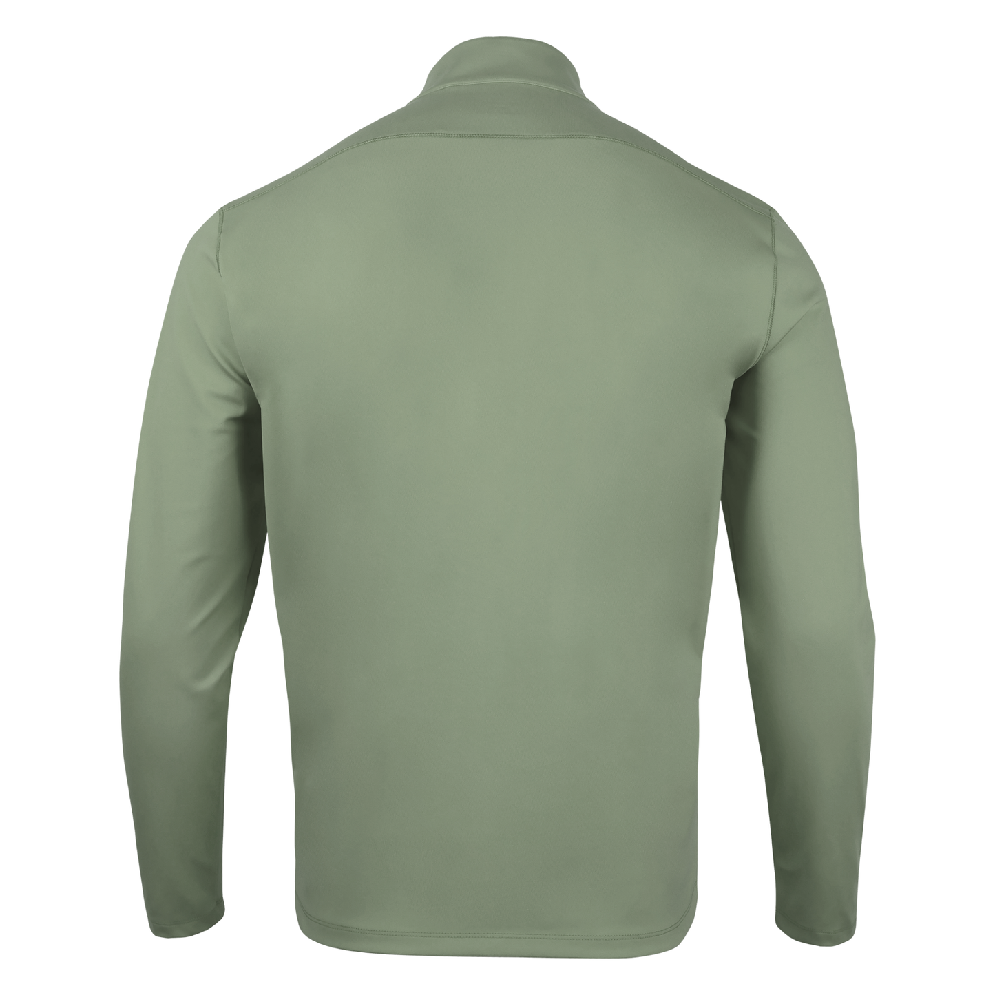 Back of a light green quarter-zip. 