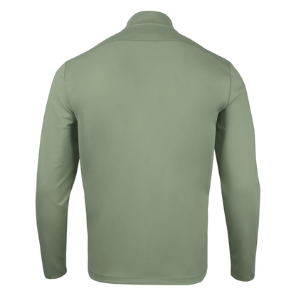 Back of a light green quarter-zip. 