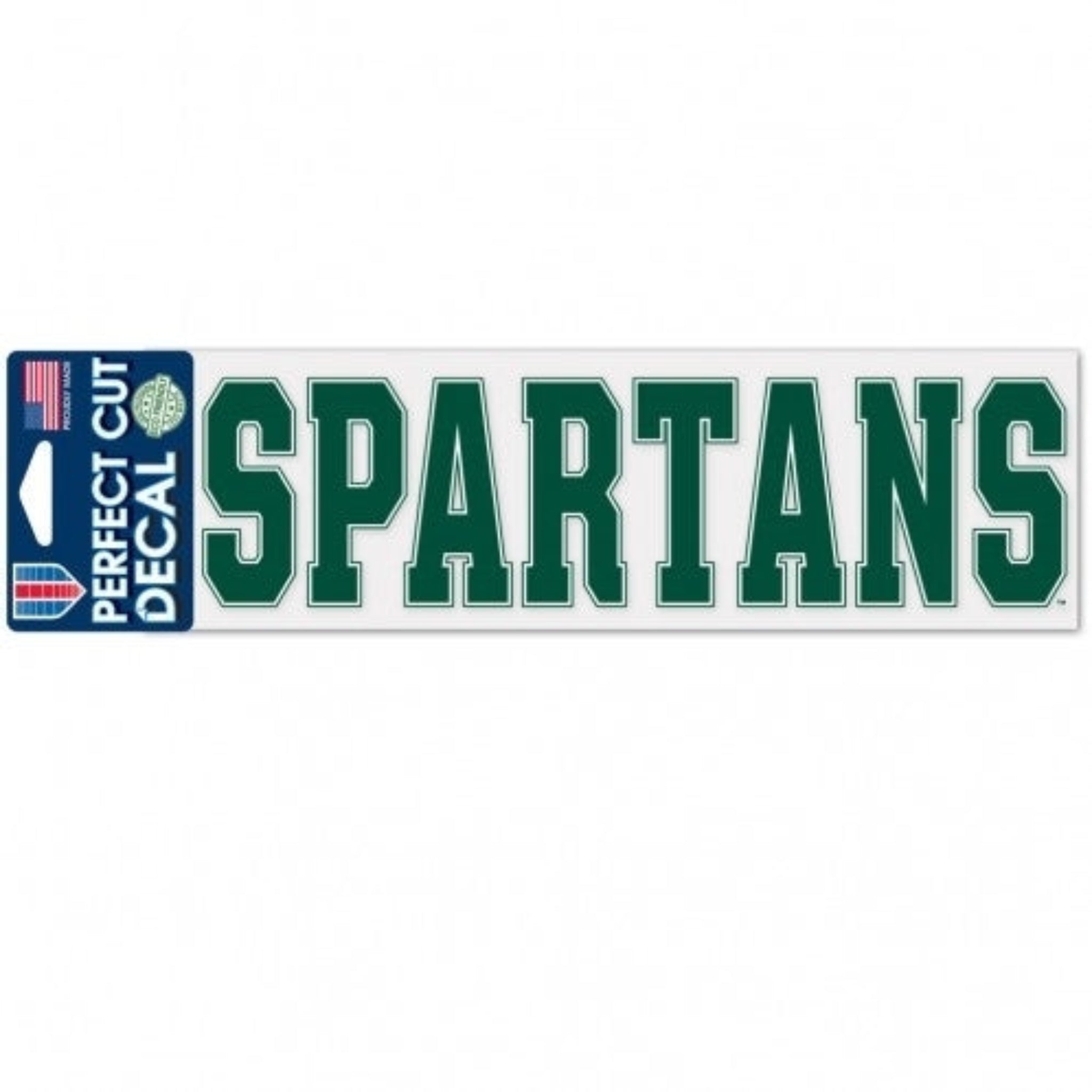 Horizontal rectangular decal that in green block letters that spell 'Spartans' with a white outline around the letters. 