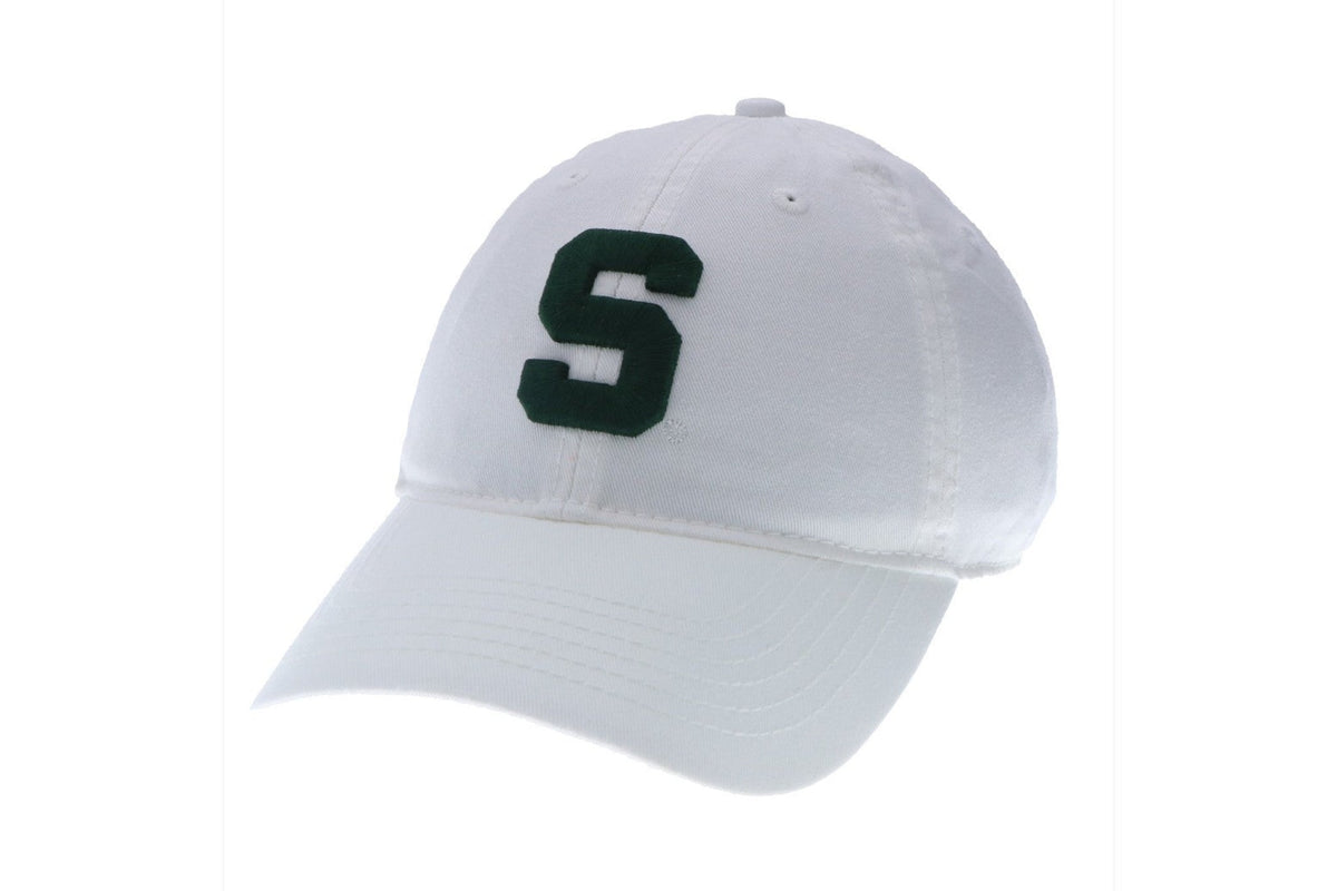 White twill cap with an embroidered green block S logo on the front.