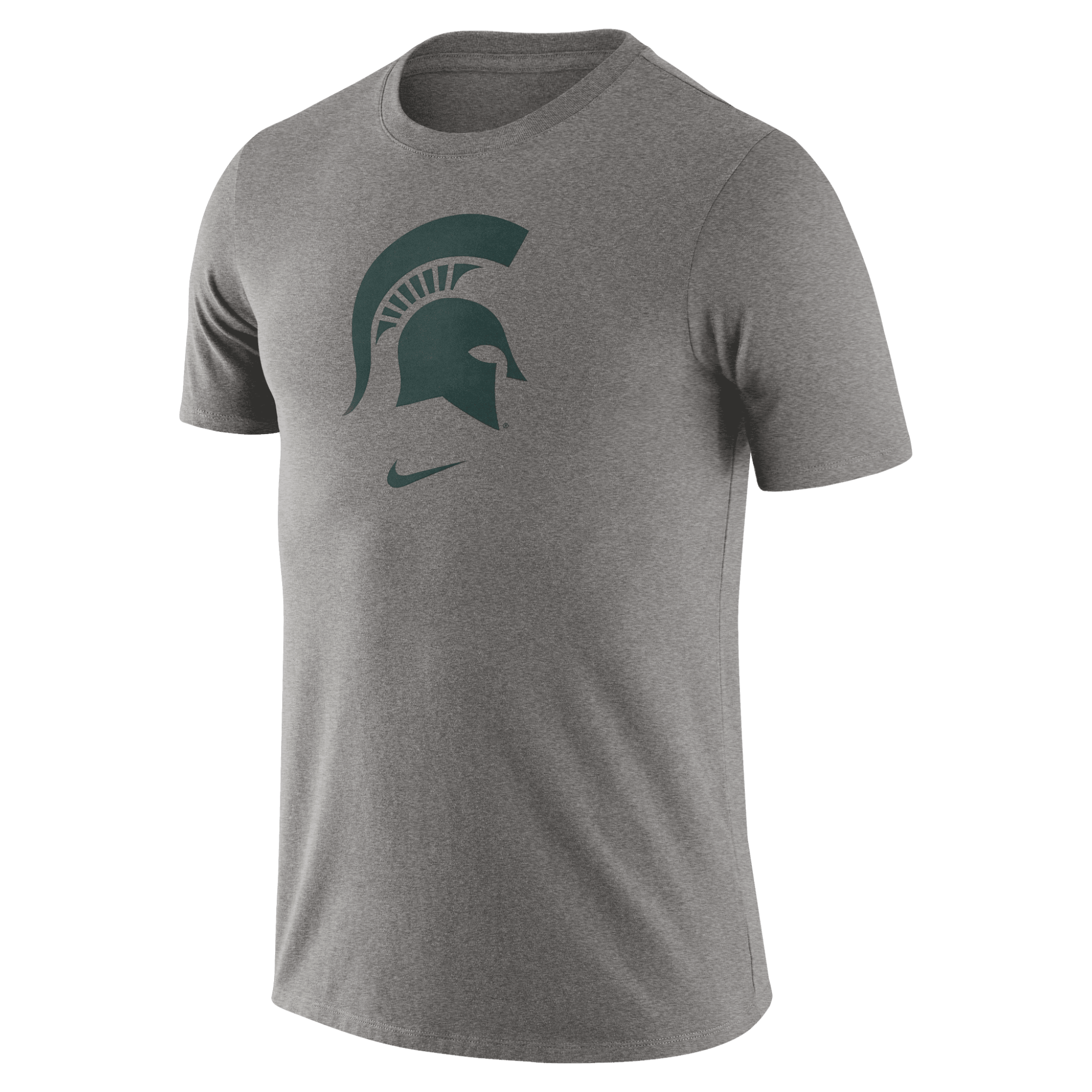 Gray short sleeve shirt with green helmet is centered in chest. Below is a green Nike logo. 