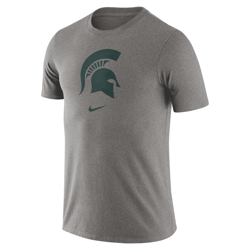 Gray short sleeve shirt with green helmet is centered in chest. Below is a green Nike logo. 