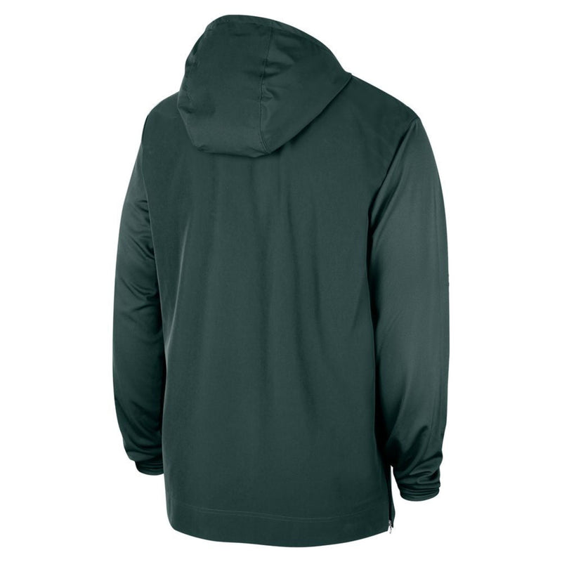 The back of a dark green jacket with a hood.