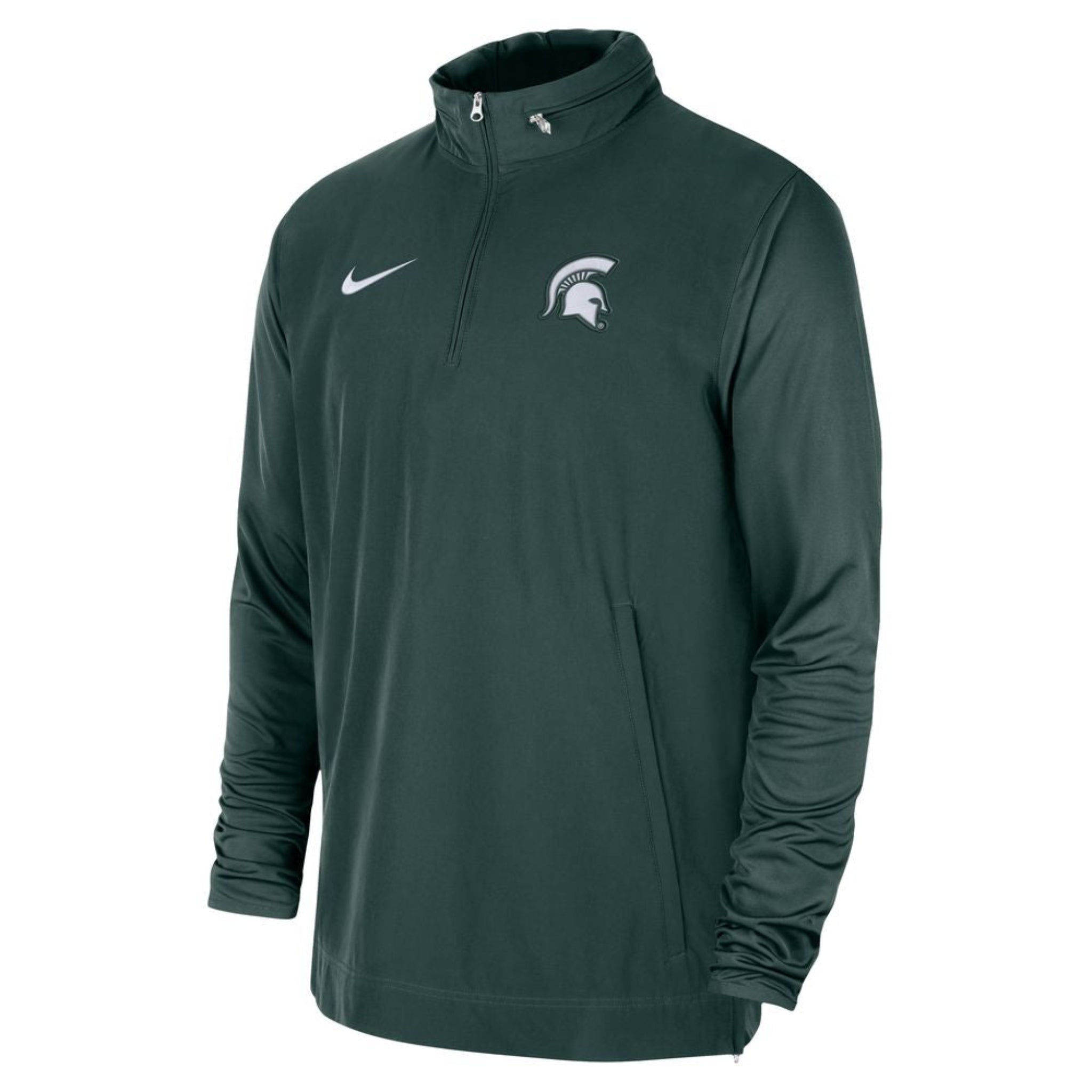 A dark green quarter-zip jacket with a white Spartan helmet logo on the upper left chest and a white Nike swoosh on the upper right.