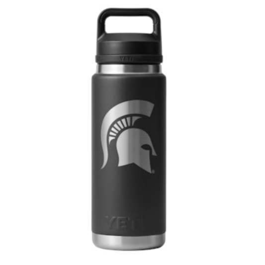 Black stainless steel water bottle with a silver Spartan Helmet logo in the middle and a silver bottom and bottle rim.