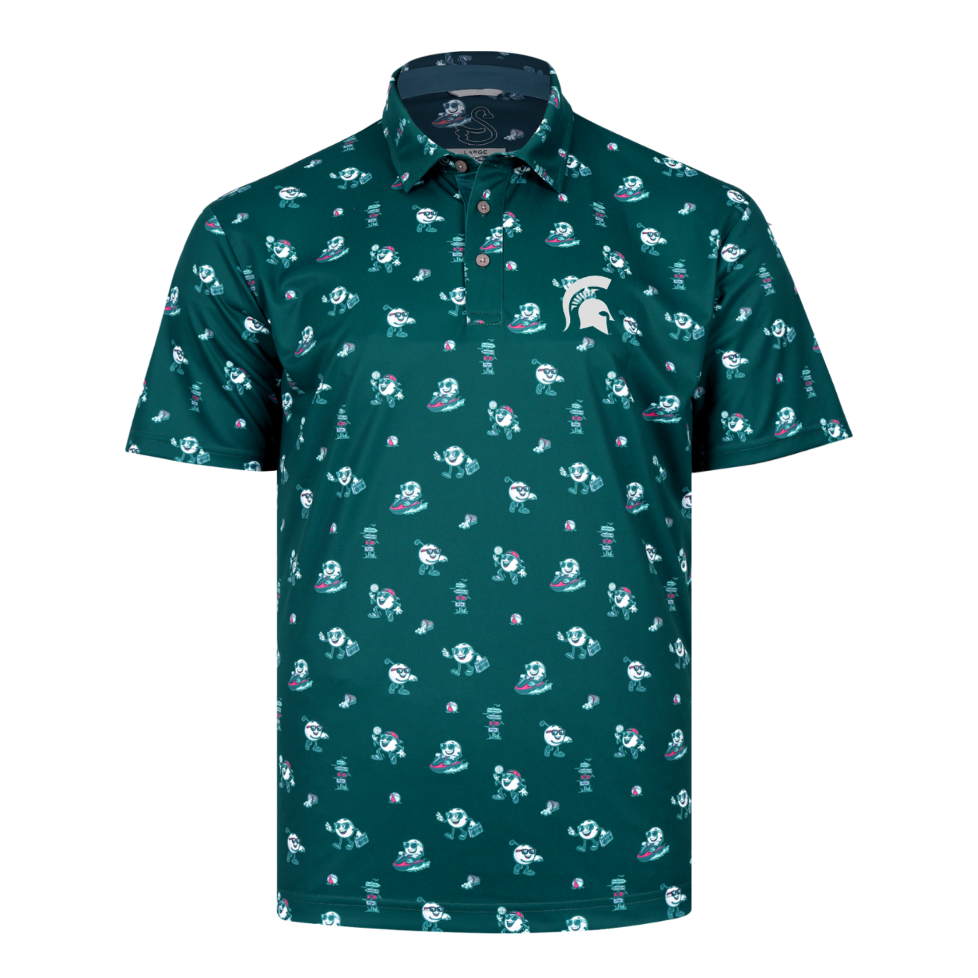 Dark green Michigan State Spartans performance polo featuring an all-over golf-themed novelty print with cartoon golf ball characters, embroidered white Spartan helmet logo on the left chest, short sleeves, and a three-button collar.