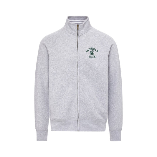Grey Zip-up sweatshirt with green embroidered "Michigan State" and Spartan head logo on the right side.