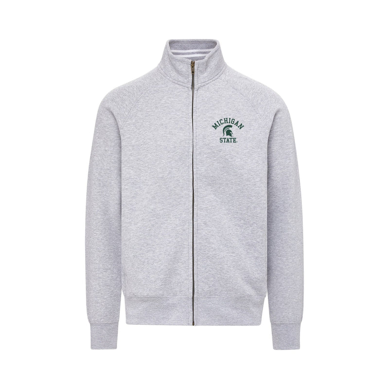 Grey Zip-up sweatshirt with green embroidered "Michigan State" and Spartan head logo on the right side.
