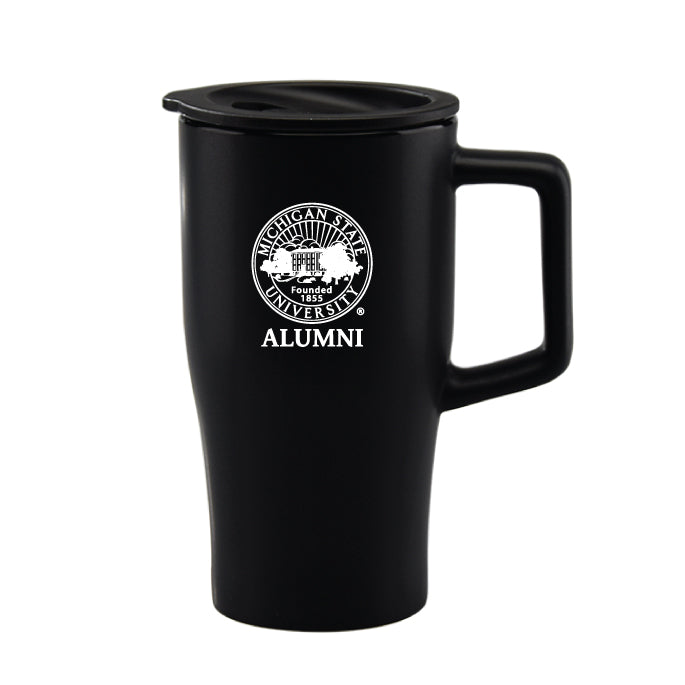 Black ceramic travel mug with lid. Embossed in white is the Michigan State Seal with Alumni under it. 