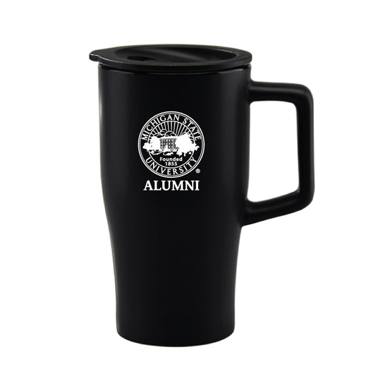 Black ceramic travel mug with lid. Embossed in white is the Michigan State Seal with Alumni under it. 