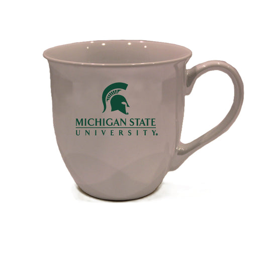 White ceramic mug with a subtle diamond-textured lower surface, featuring the green Michigan State University wordmark and Spartan helmet logo on the front. The mug has a curved handle and a gently flared rim.