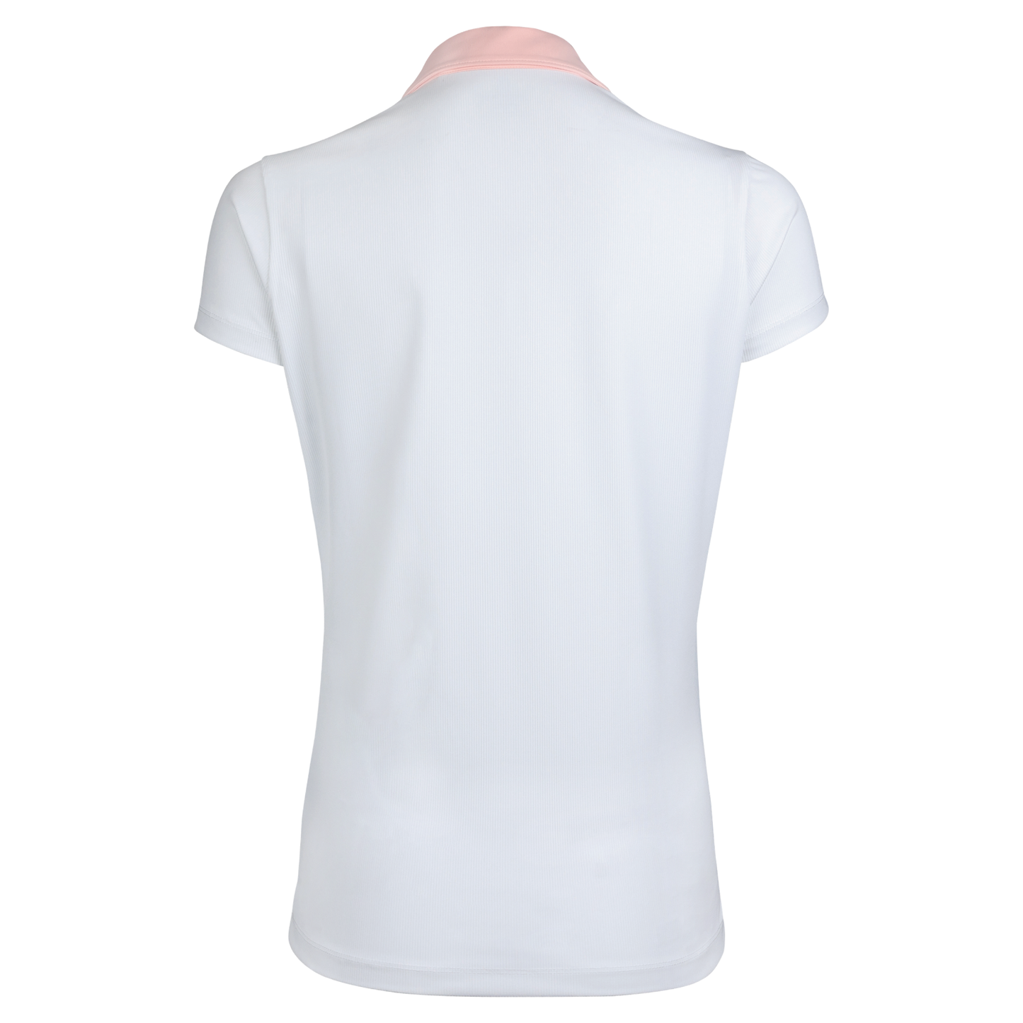 Back of a white polo with a light pink collar. 