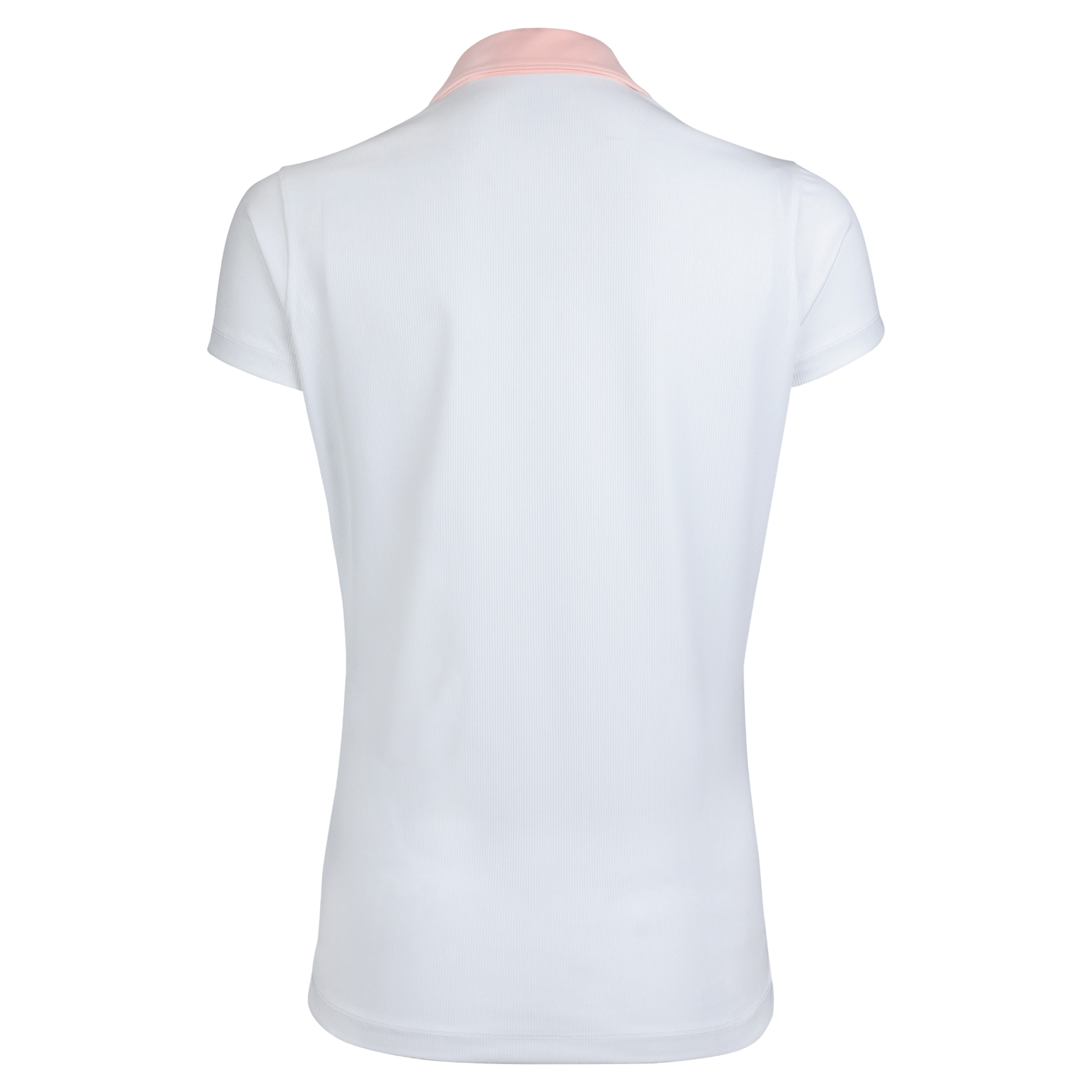 Back of a white polo with a light pink collar. 