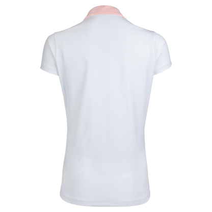 Back of a white polo with a light pink collar. 