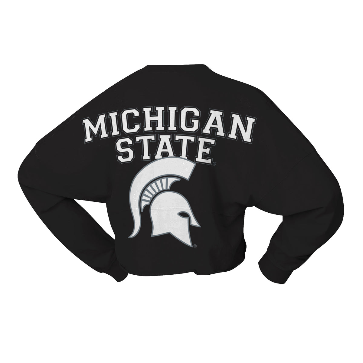 Back image of black long-sleeve cropped long sleeve crewneck t-shirt featuring the words 'MICHIGAN STATE' in white arched letters above a large white Spartan helmet logo.