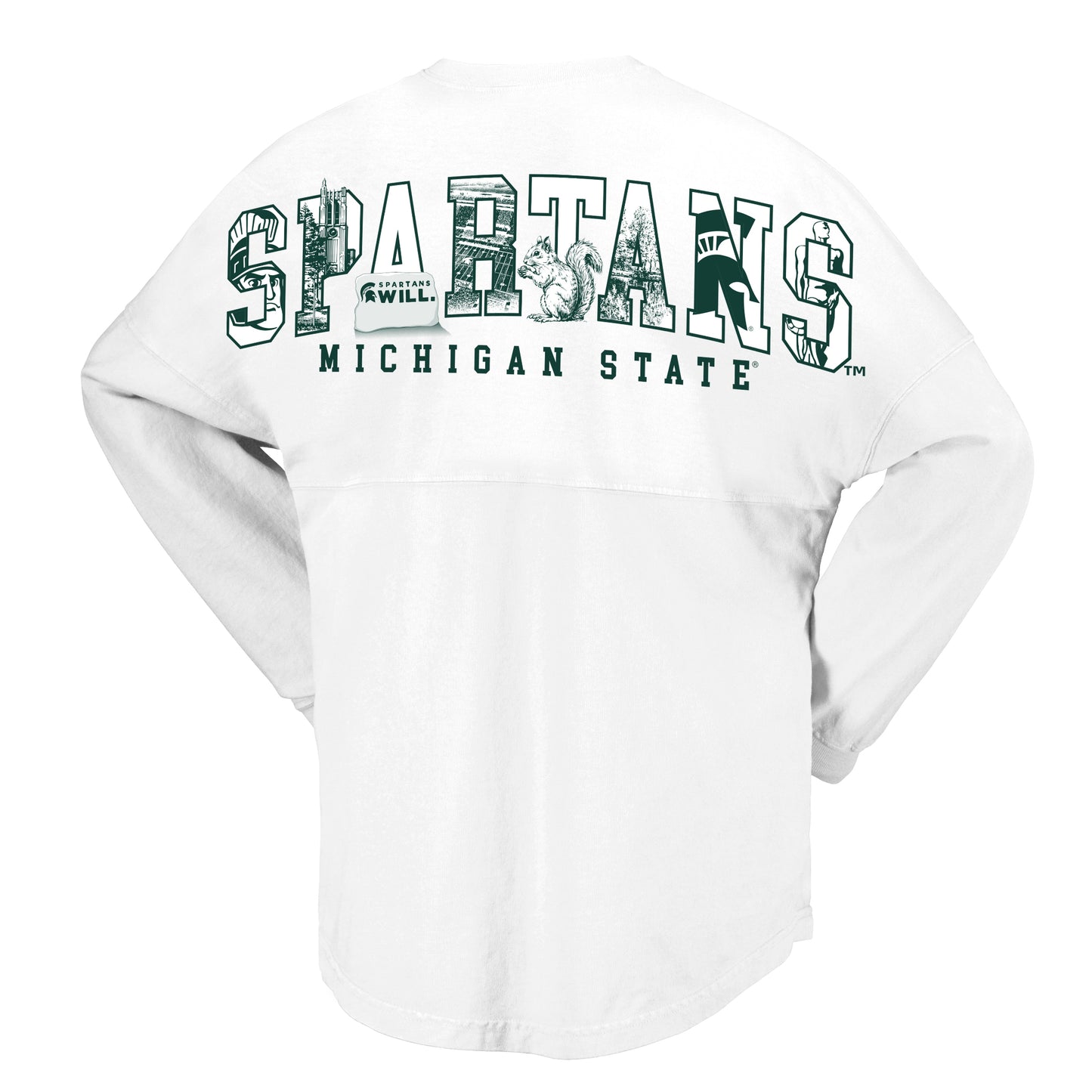 Back view of a white Michigan State Spartans long-sleeve sweatshirt featuring oversized “SPARTANS” lettering across the upper back in green and white. Each letter contains Michigan State-themed graphics, including Beaumont Tower, the Spartan helmet logo, a squirrel, a “Spartans Will.” design, and campus-inspired imagery. “MICHIGAN STATE” appears below the graphic in green block lettering. Garment shown on a light gray background