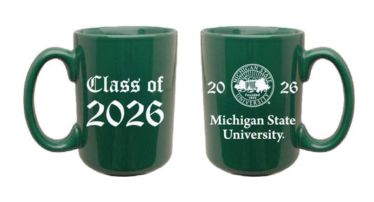 Two green mugs with 'Class of 2026' and Michigan State University logo on a white background