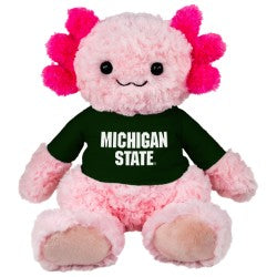 Pink plush axolotl wearing a green “Michigan State” shirt, with bright pink gills, a smiling face, and soft pink limbs.