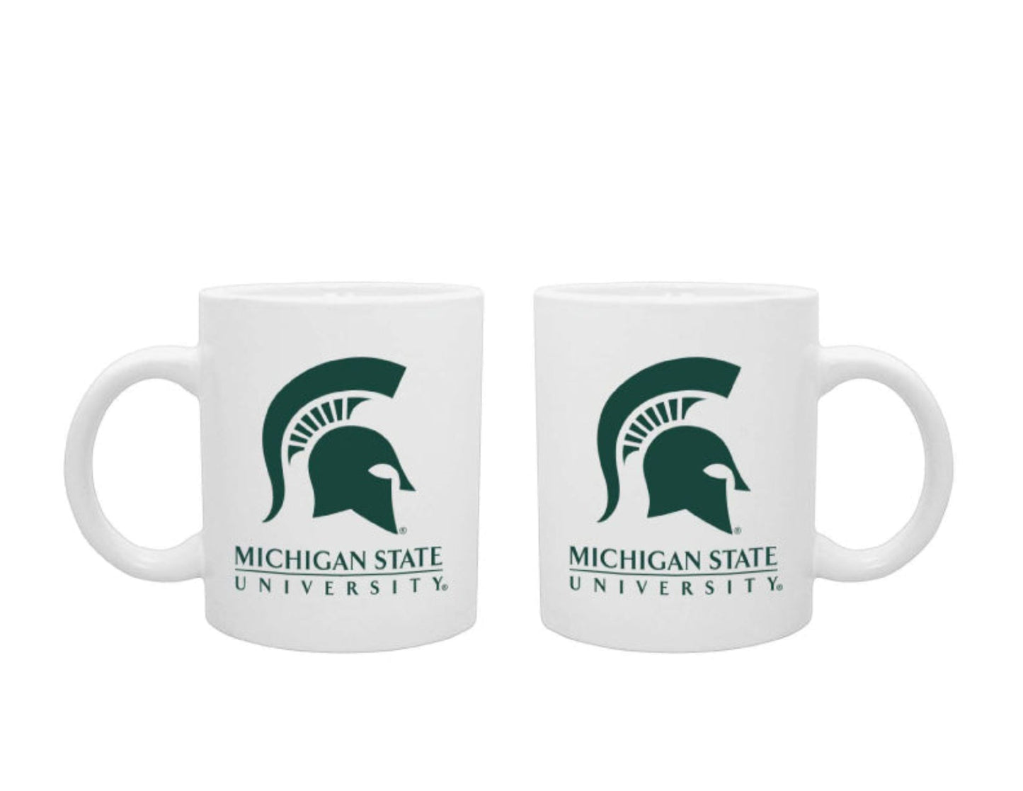 Two white with green mugs with the Michigan State University wordmark on the side.