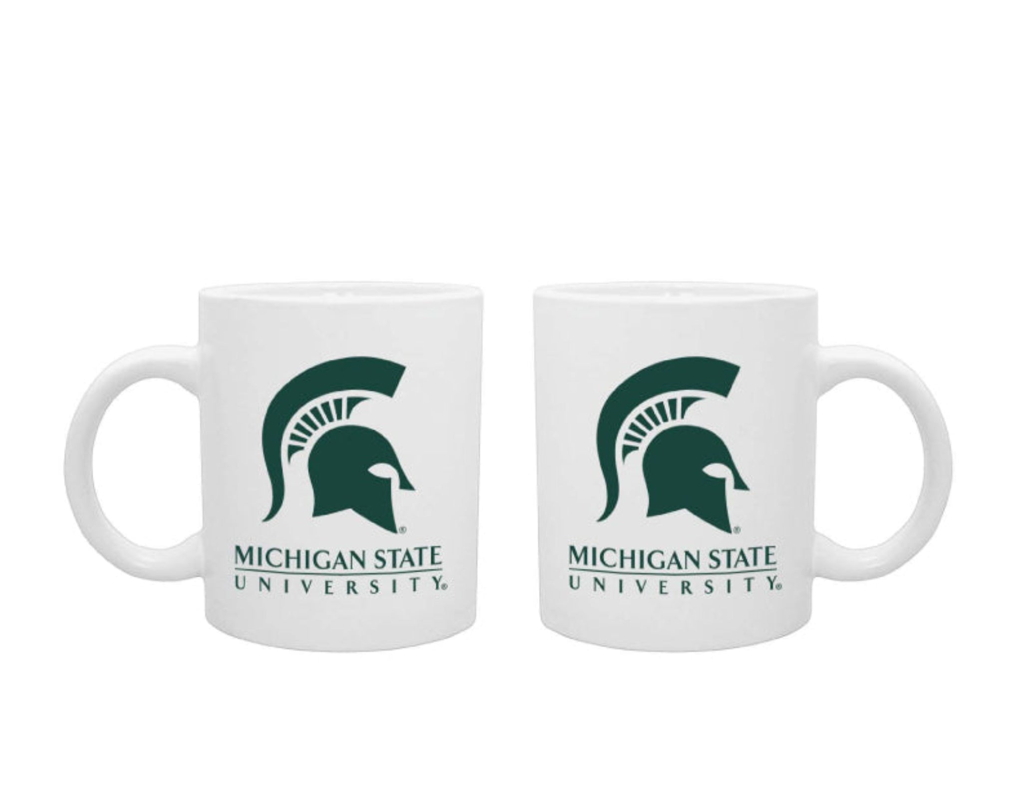 Two white with green mugs with the Michigan State University wordmark on the side.