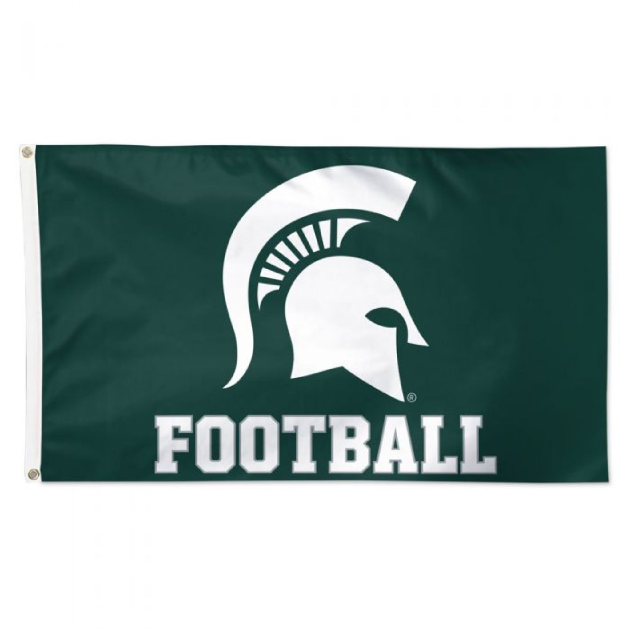 A green flag with a white Spartan helmet and the word "Football."
