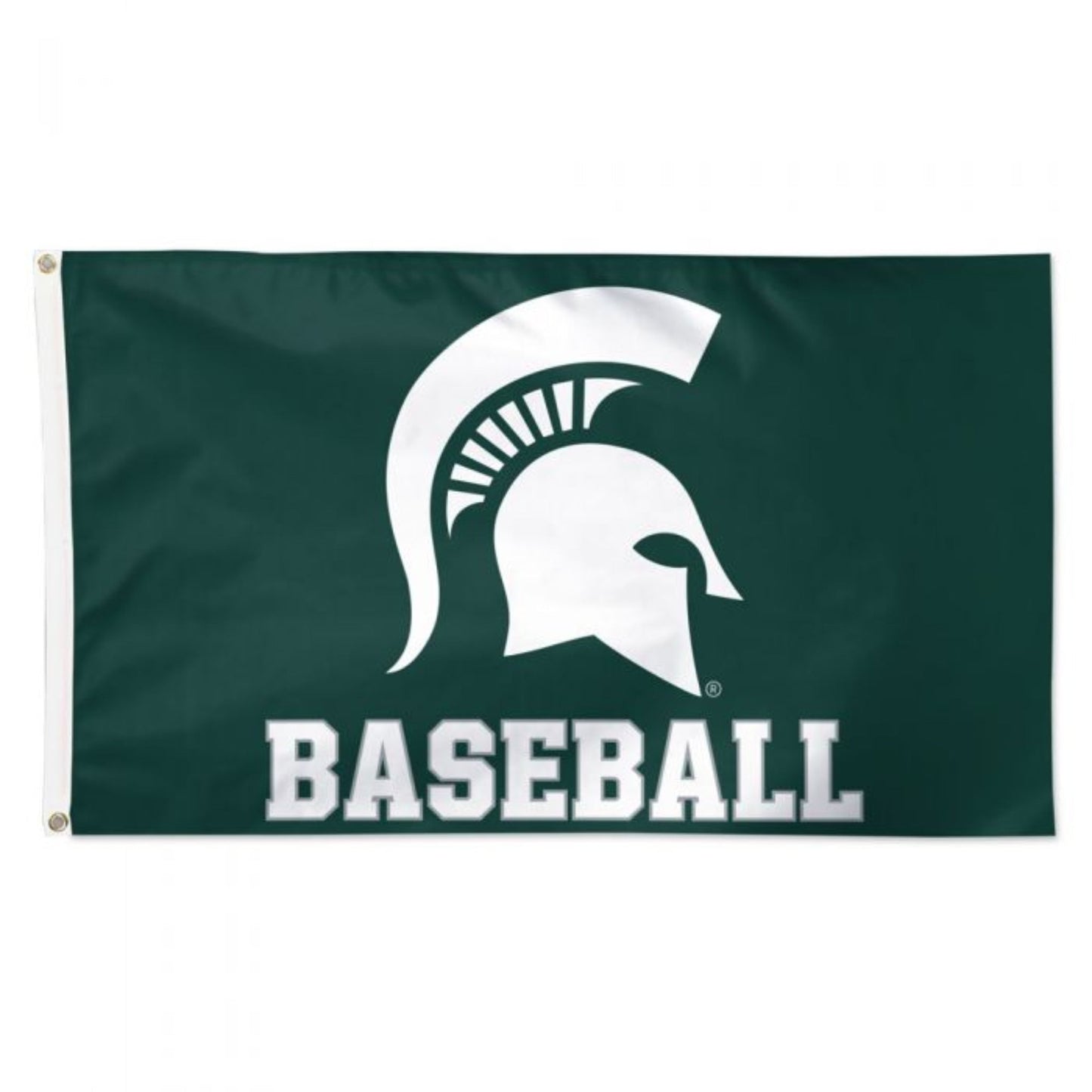 A green flag with a white Spartan Helmet and the word "Baseball."