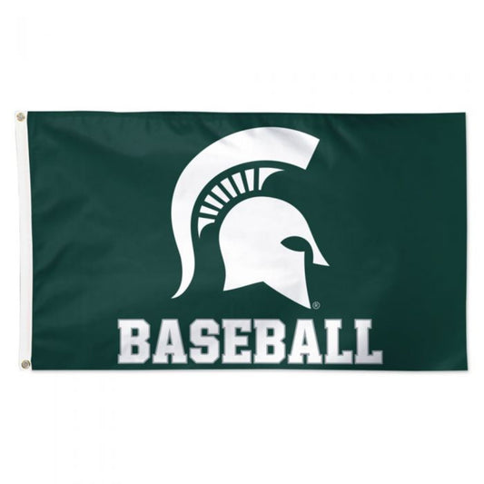 A green flag with a white Spartan Helmet and the word "Baseball."