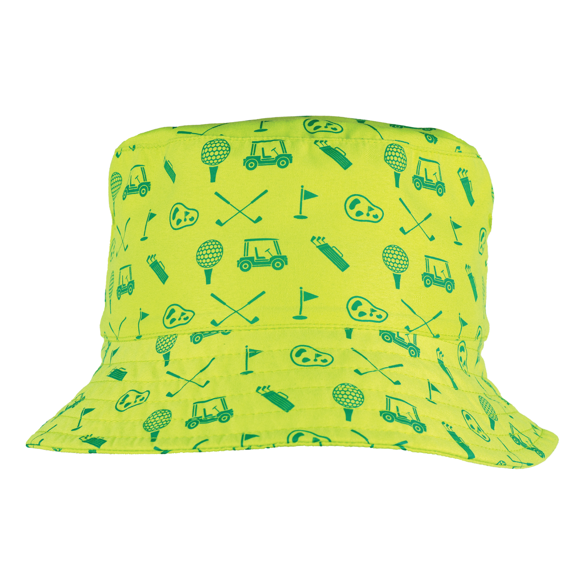 Neon green bucket hat patterned with dark green golf graphics. 