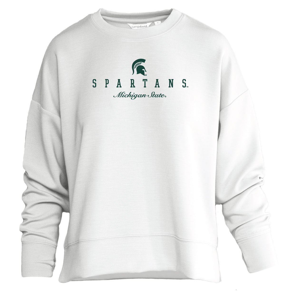 White women's crew neck sweatshirt with drop seam shoulders. Wide wrist and waist bands. Centered on chest in green screen print is a spartans helmet below is 'Spartans' below that is 'Michigan State' 
