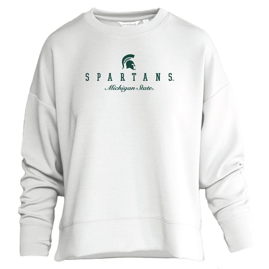 White women's crew neck sweatshirt with drop seam shoulders. Wide wrist and waist bands. Centered on chest in green screen print is a spartans helmet below is 'Spartans' below that is 'Michigan State' 