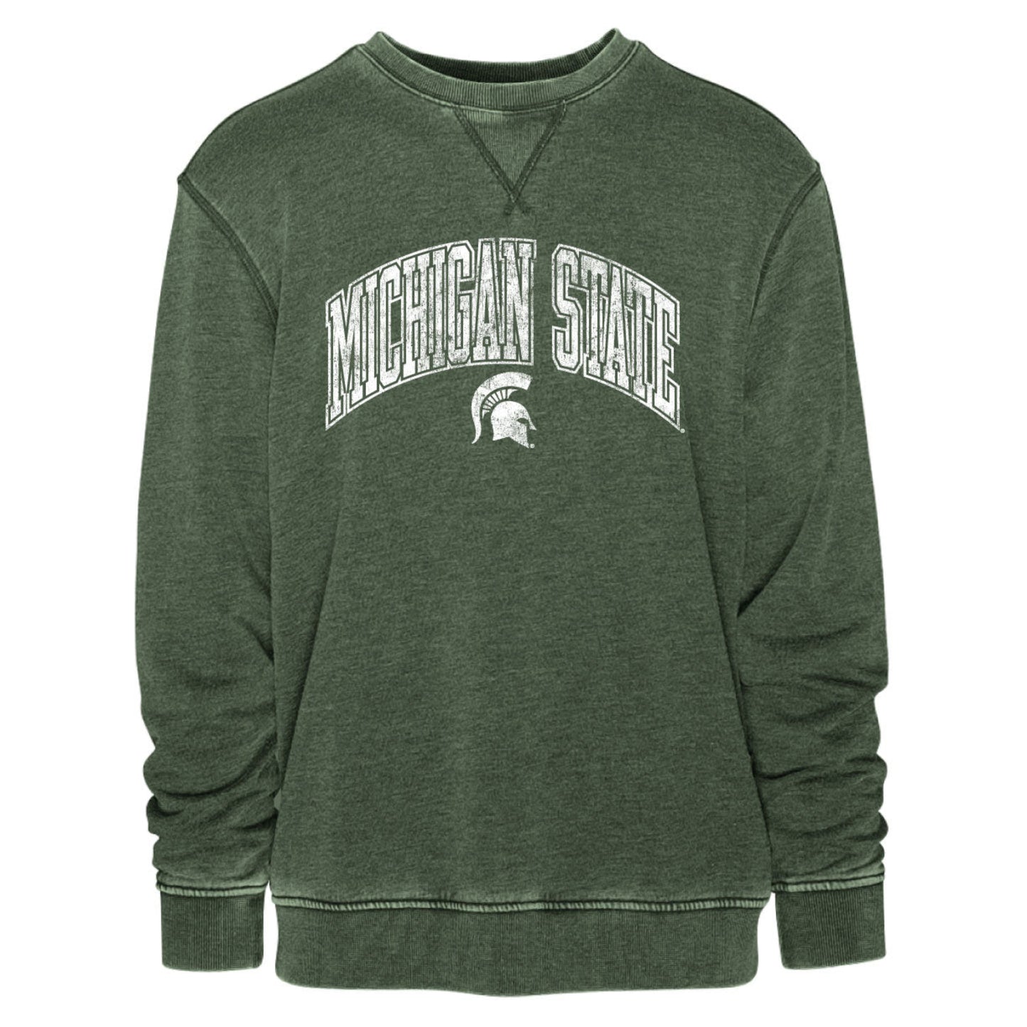 Green crew neck with worn in look around collar, wrist area, and waist band area. Screen printed across chest is ' Michigan State' in destressed bold block letters what is outlined in white. Under wording is a white distressed Spartan helmet.  