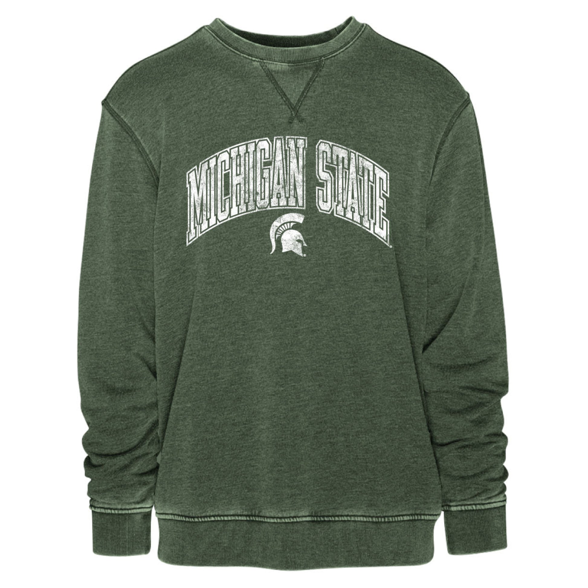 Green crew neck with worn in look around collar, wrist area, and waist band area. Screen printed across chest is ' Michigan State' in destressed bold block letters what is outlined in white. Under wording is a white distressed Spartan helmet.  