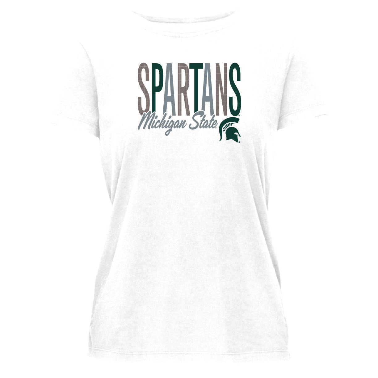 White women's crew neck short sleeve shirt. Centered in chest is a multi colored screen print logo. 'Spartans' is a block letter logo in three different colors in a repeat order of silver glitter, dark green, and grey. Under 'Spartans' in grey in cursive is 'Michigan State'. Left to 'Michigan State' is a green spartan helmet. 