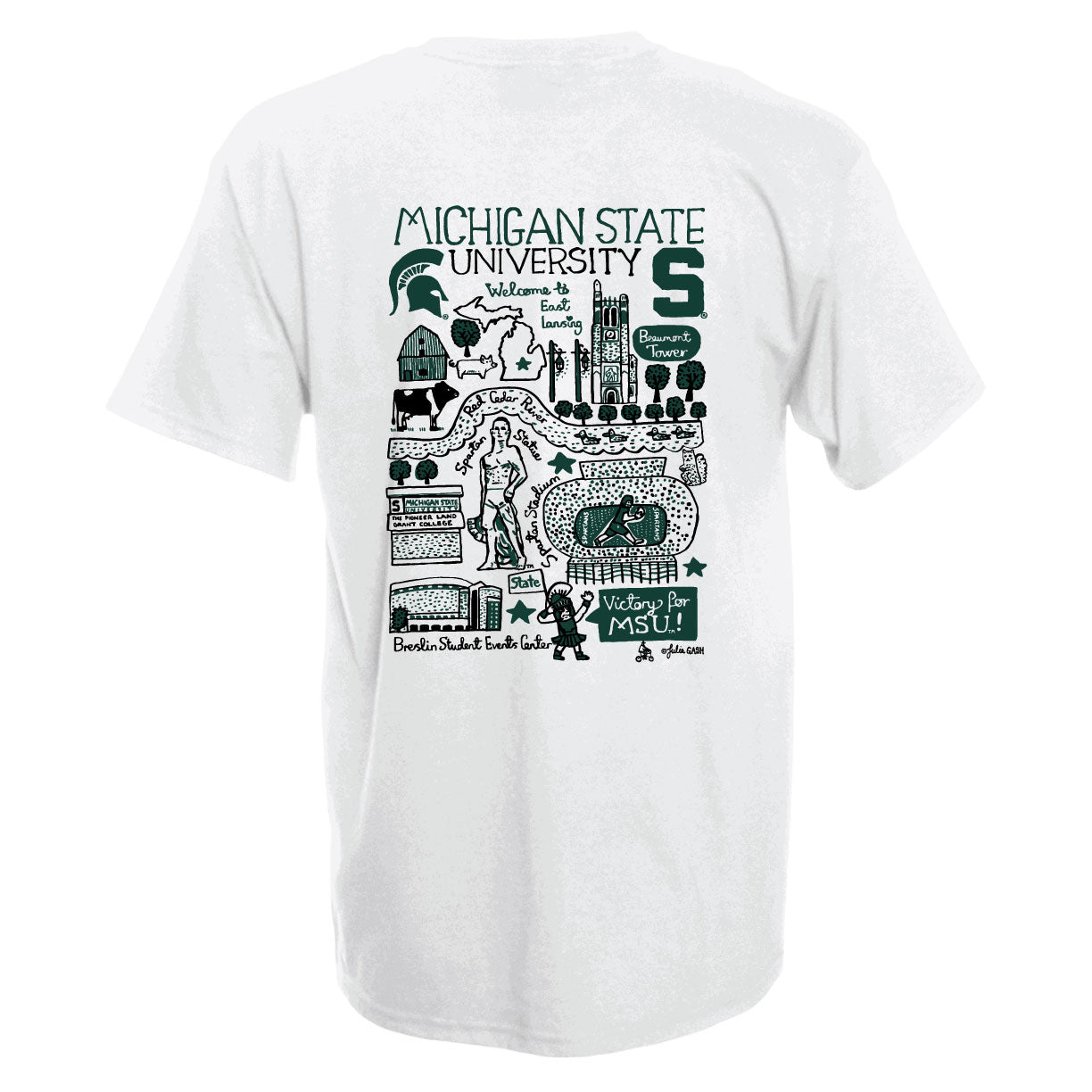 Back of a white T-shirt with a Julia Gash design that features handmade drawings of Michigan State University landmarks in green.