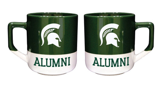 Two green and white mugs with the top section of the mug green and the bottom section white. On the green part of the mug is a white Spartan Helmet logo and on the white part of the mug is a green wordmark that states "Alumni" in all caps. 