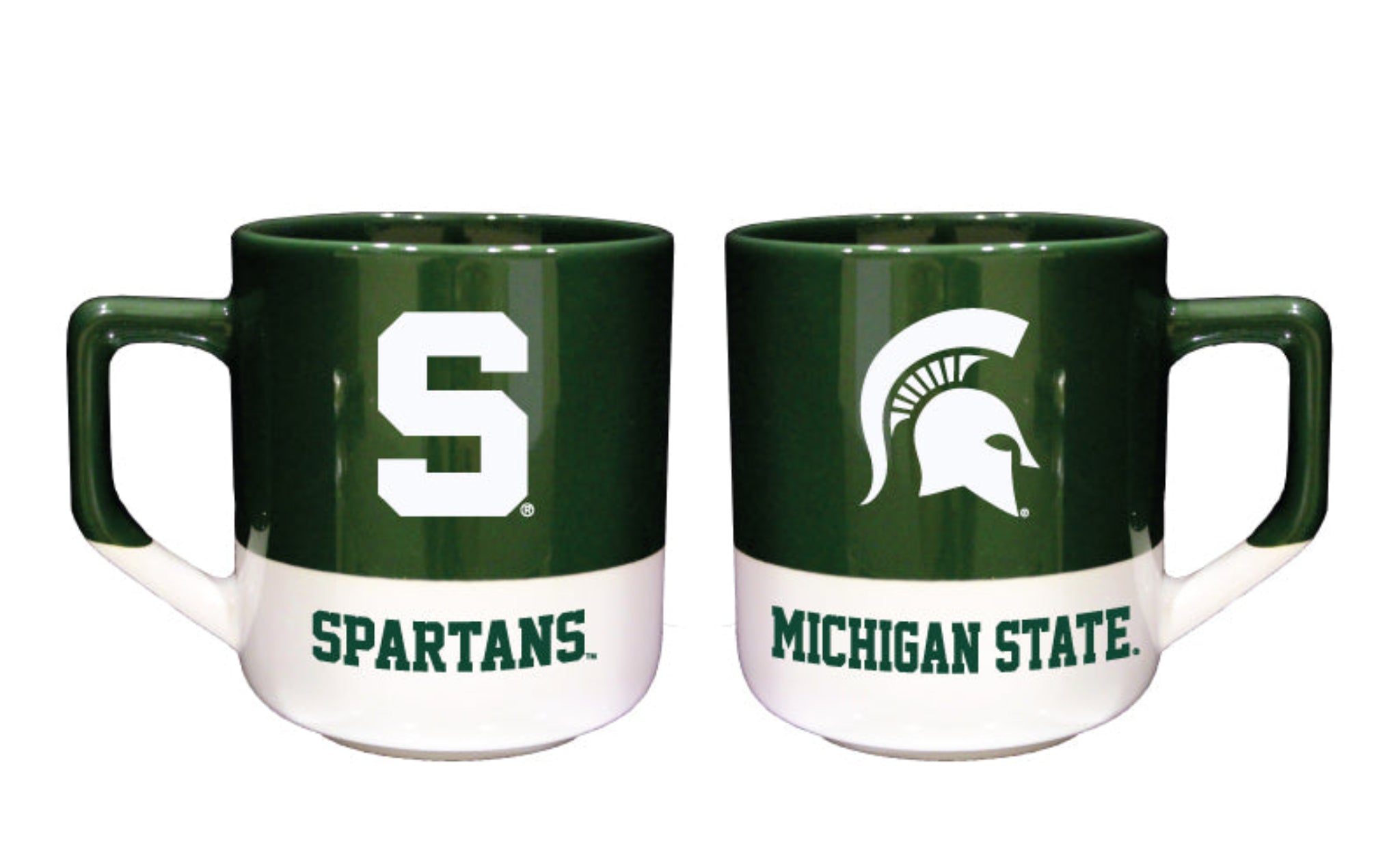 Two green and white mugs, showing both sides of the mug. The mug on the right side of the image has a green top section and white bottom section. The right mug has a block letter Spartan 'S' logo in white and a green wordmark that reads "Spartans." The mug on the left side of the image has a green top section and white bottom section. The left mug has a white Spartan helmet logo and a Michigan State wordmark. 