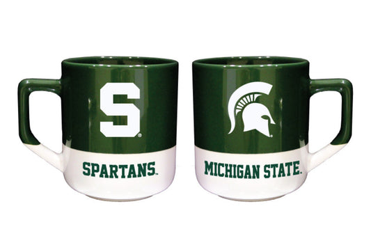 Two green and white mugs, showing both sides of the mug. The mug on the right side of the image has a green top section and white bottom section. The right mug has a block letter Spartan S logo in white and a green wordmark that reads "Spartans." The mug on the left side of the image has a green top section and white bottom section. The left mug has a white Spartan Helmet logo and a Michigan State wordmark. 
