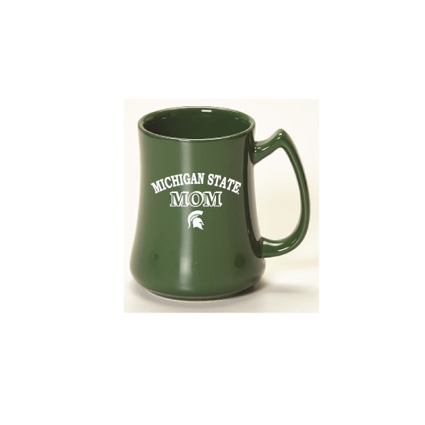 A green ceramic mug with the words "Michigan State Mom" and the Spartan Helmet.
