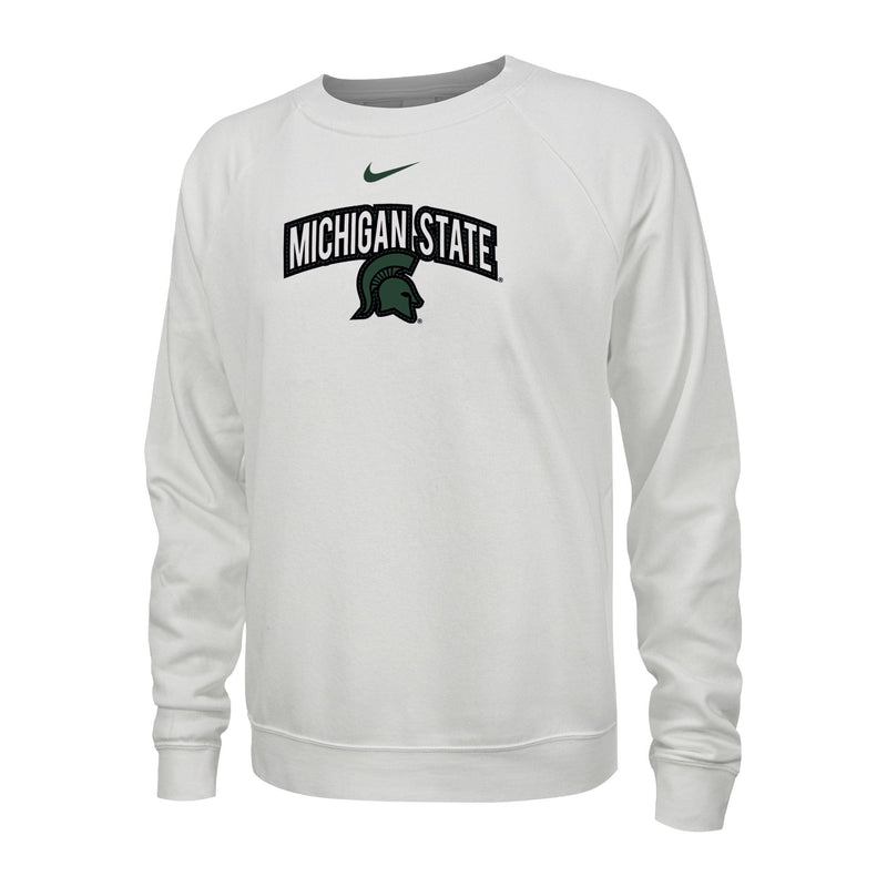 A white crewneck sweatshirt with a green Nike swoosh, the words "Michigan State" in a black outline, and a green Spartan helmet with a black outline.