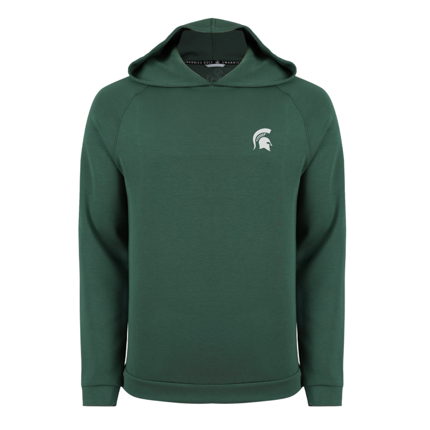 Forest green lightweight hooded pullover featuring a white Michigan State Spartans helmet logo on the left chest. Designed with long raglan sleeves, a relaxed fit, and a clean, modern silhouette without drawstrings.