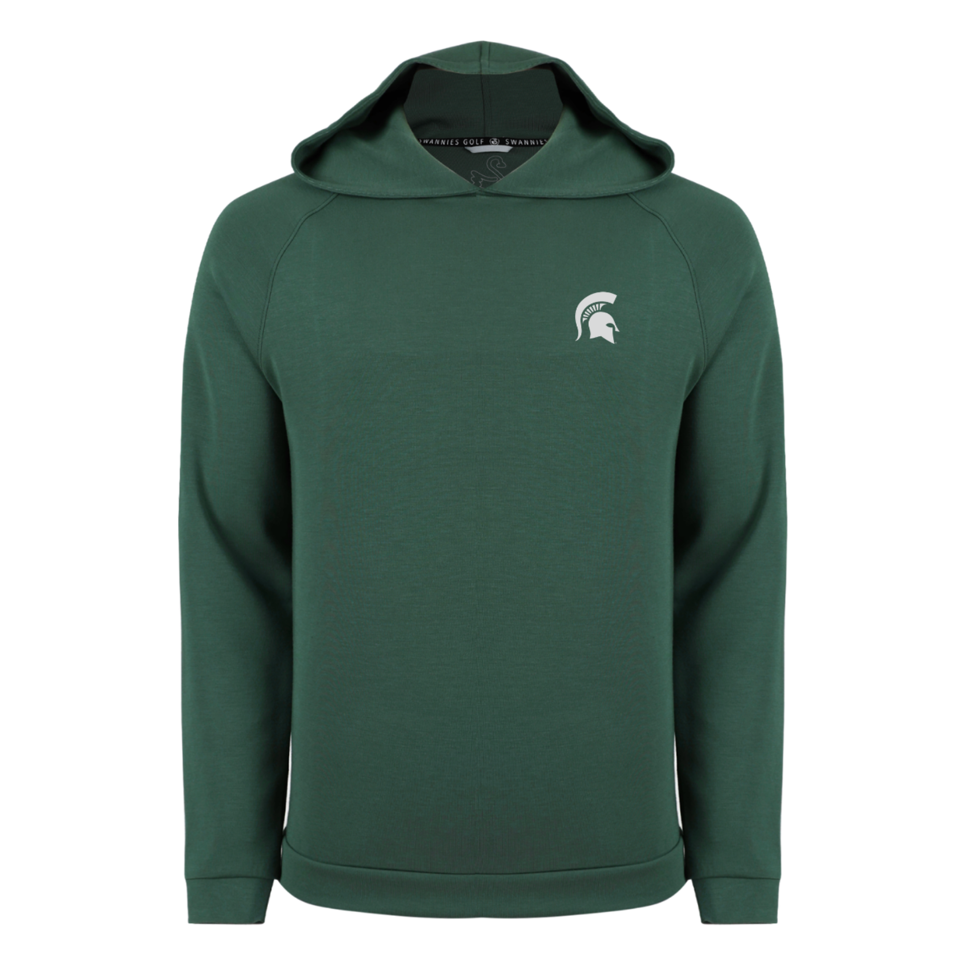Forest green lightweight hooded pullover featuring a white Michigan State Spartans helmet logo on the left chest. Designed with long raglan sleeves, a relaxed fit, and a clean, modern silhouette without drawstrings.