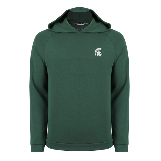 Forest green lightweight hooded pullover featuring a white Michigan State Spartans helmet logo on the left chest. Designed with long raglan sleeves, a relaxed fit, and a clean, modern silhouette without drawstrings.