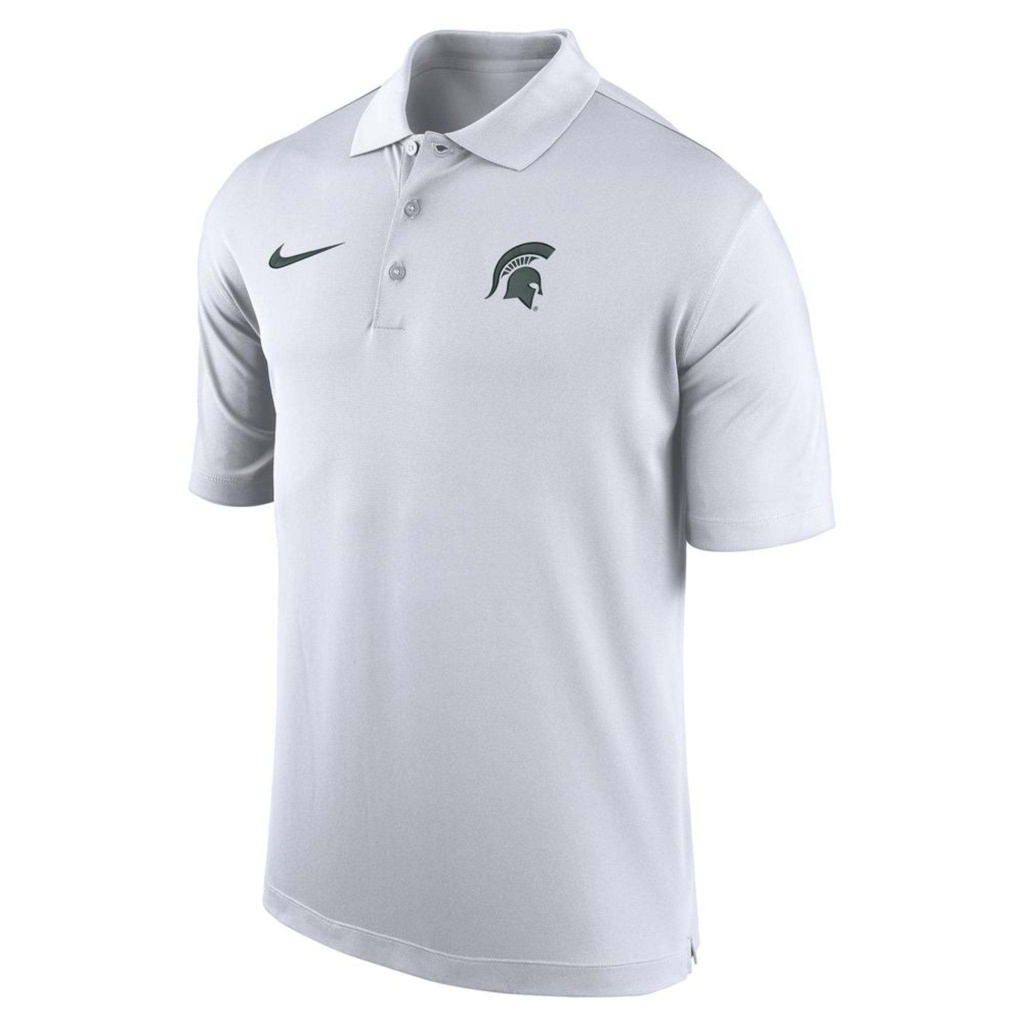 A white polo with a green Spartan helmet logo on the upper left chest and a green Nike swoosh on the upper right.