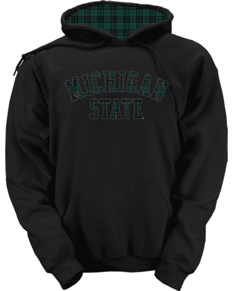 A black hoodie with the words "Michigan State" in green plaid. The inside of the hood is also in green plaid.