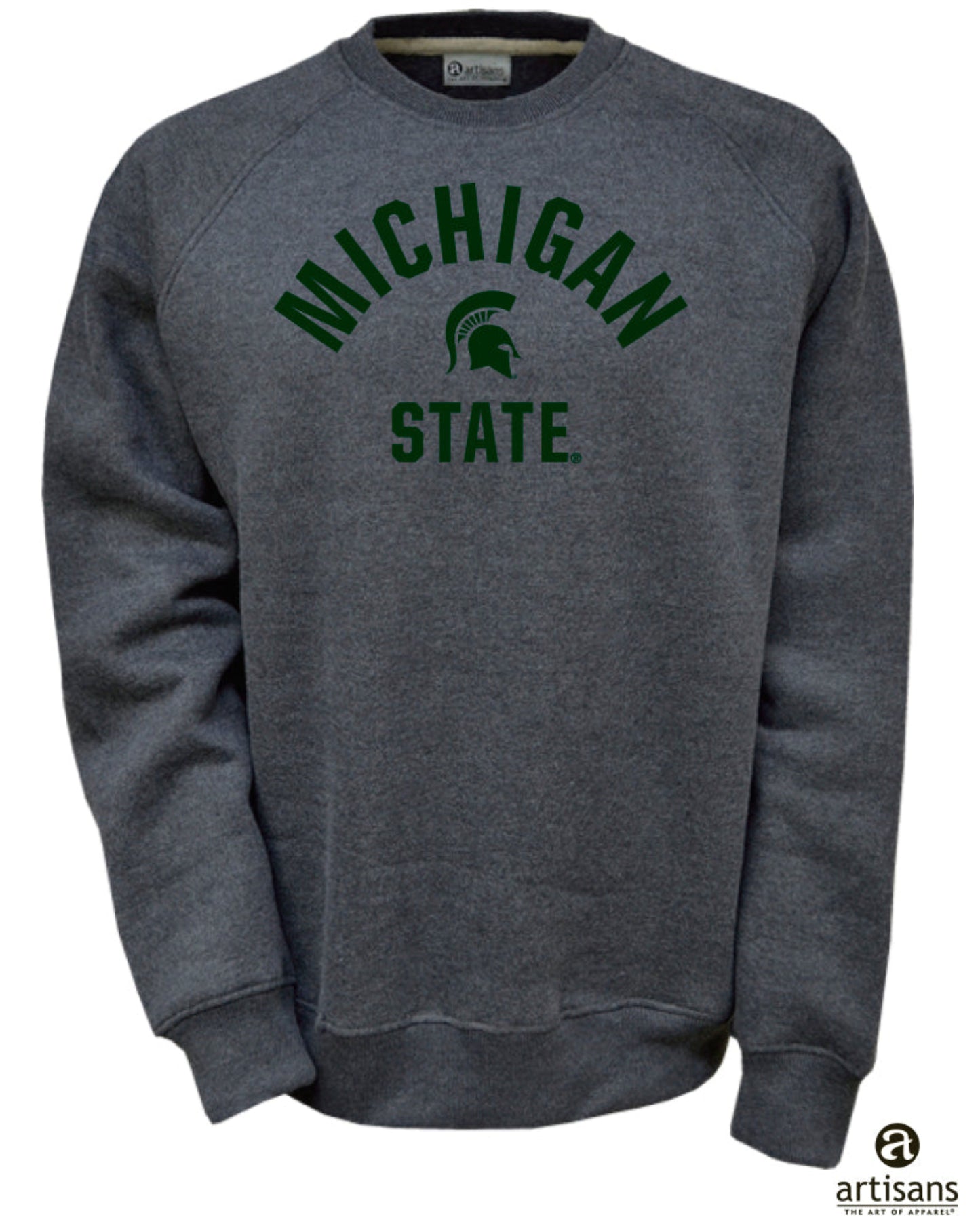 Dark grey crew neck sweatshirt with embroidered design on center chest. The design is dark green. 'Michigan' is arched over a Spartan helmet and below helmet straight across is 'State'. 