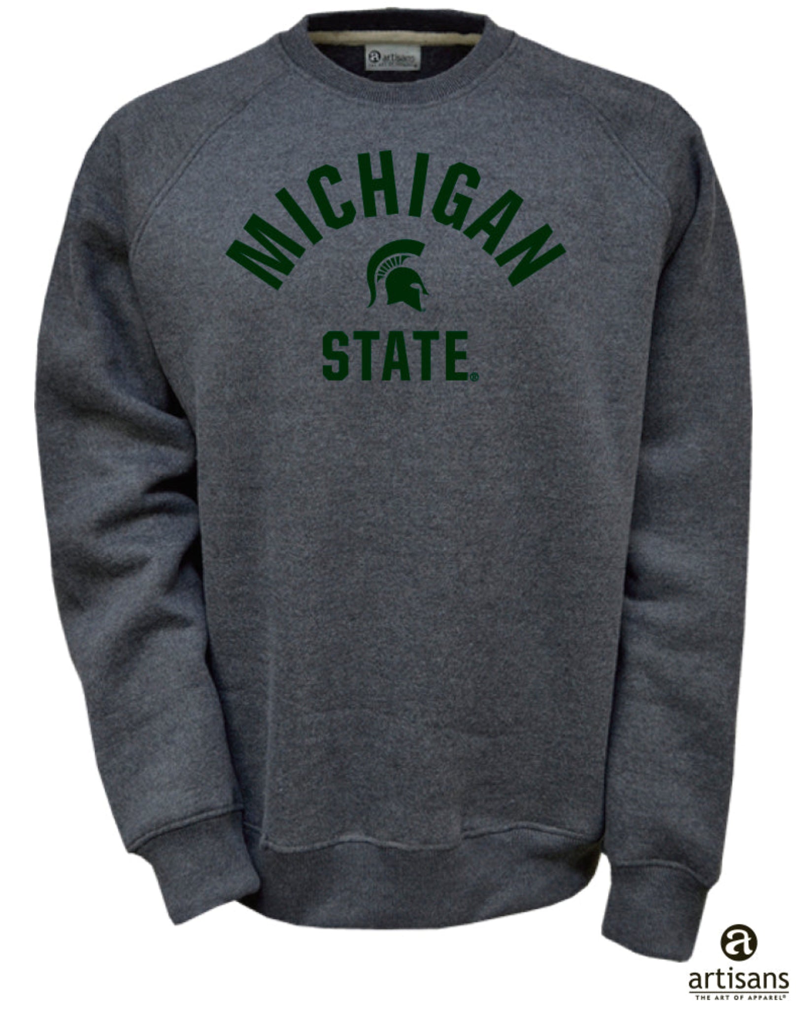 Dark grey crew neck sweatshirt with embroidered design on center chest. The design is dark green. 'Michigan' is arched over a Spartan helmet and below helmet straight across is 'State'. 