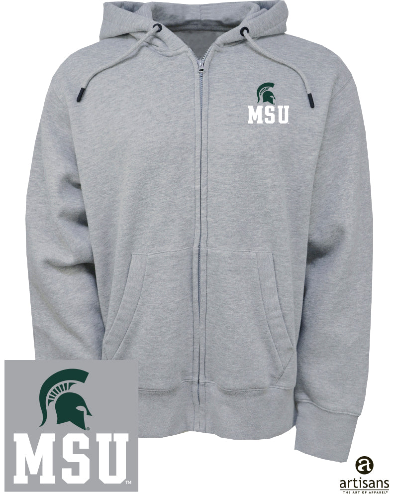 Grey full zip sweatshirt. Embroirdered on left chest is a green Spartan Helmet and in white under helmet is MSU> 